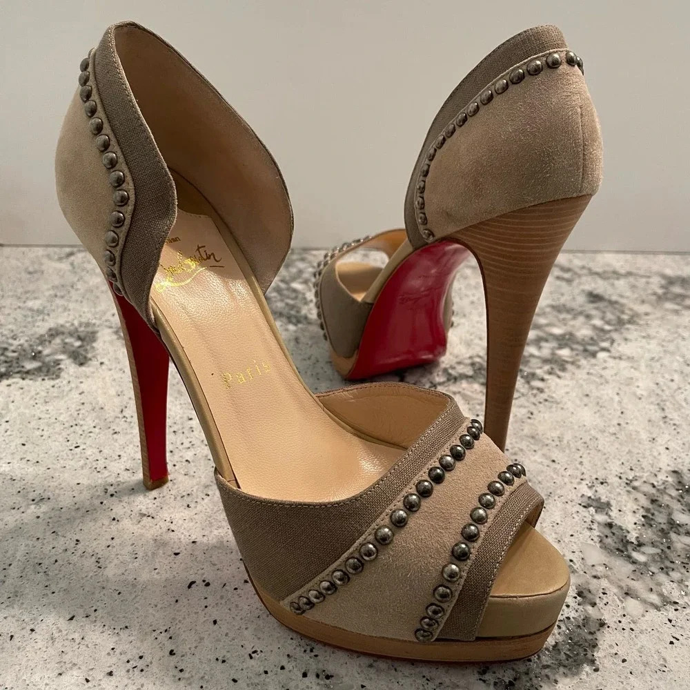 Christian Louboutin Beige Peep-Toe Heels with Red Soles